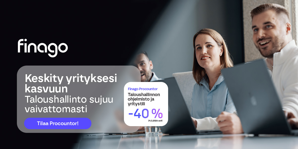 Finago - Keskity yrityksesi kasvuun. Finago Procountor - Taloushallinnon ohjelmisto ja yritystili -40% 31.3.2026 asti.